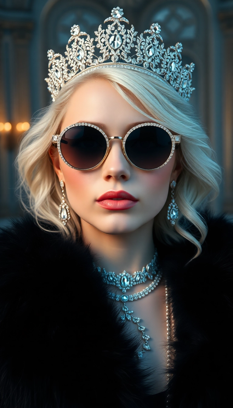 Free AI Young Platinum Blonde Queen in Black Fur iPhone Photogenic Background